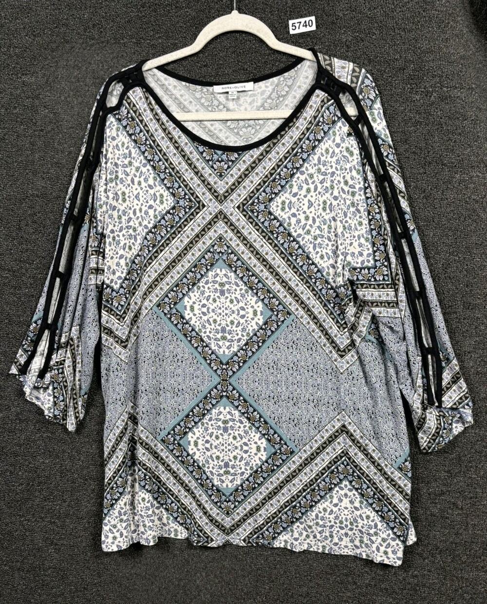 Rose + Olive Tunic Top Womens Size 2X Floral Baroque Print 3/4 Sleeves